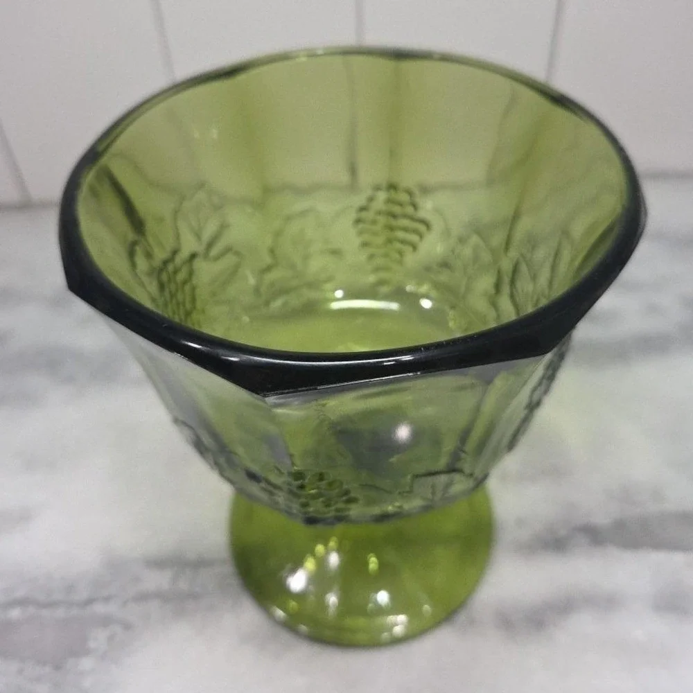 Indiana Glass Colony Harvest Grapes Compote, Vintage Avocado Green Pedestal Bowl